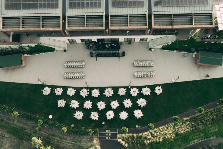 Aerial view of elegant outdoor event setup in Torbalı, İzmir, Turkey.